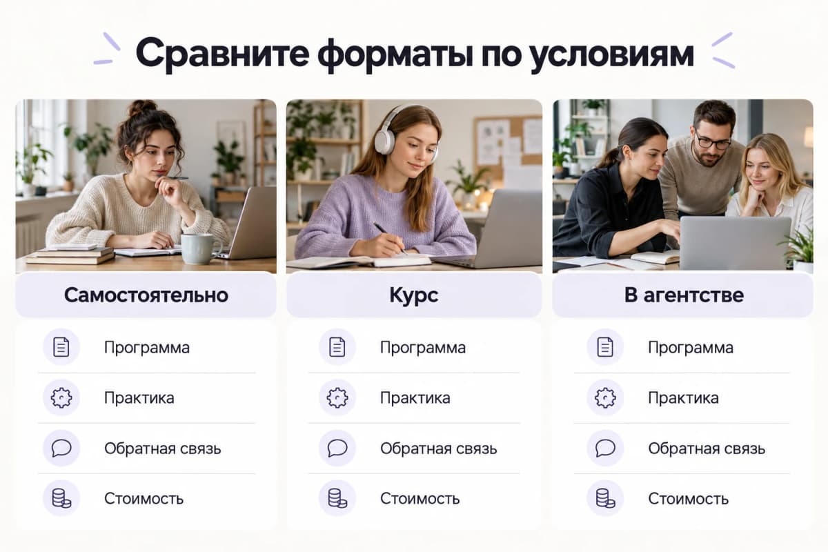 Сравнение самостоятельного обучения, курса и обучения в агентстве