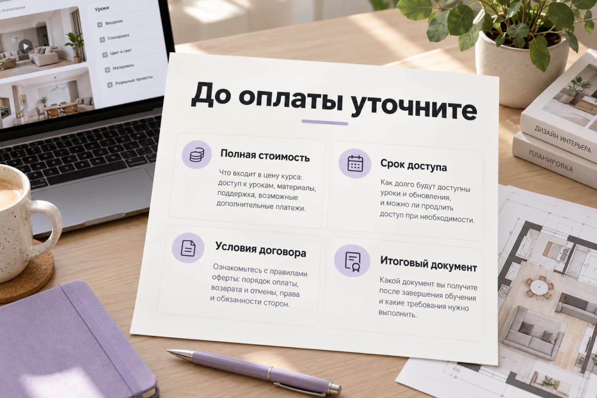 Проверка стоимости курса, доступа, договора и вида итогового документа