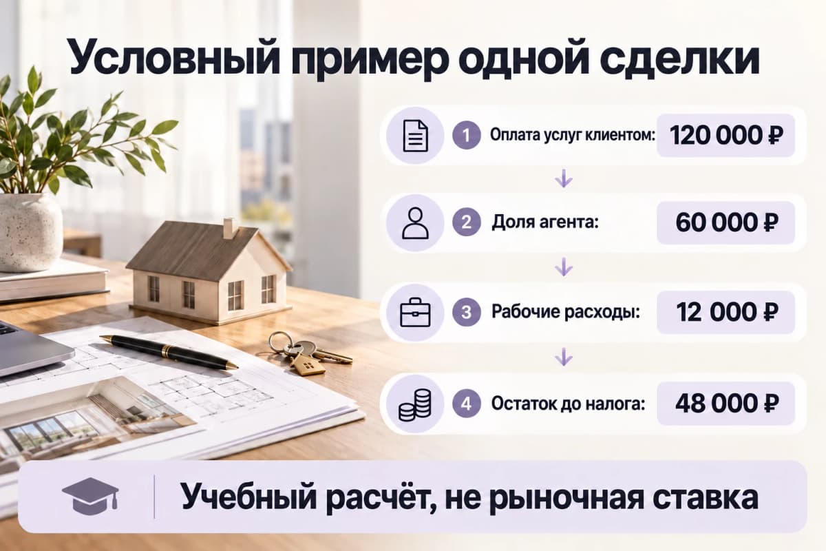 Учебный расчёт: оплата клиентом 120000 рублей, выплата агенту 60000, расходы 12000, остаток 48000 до налога