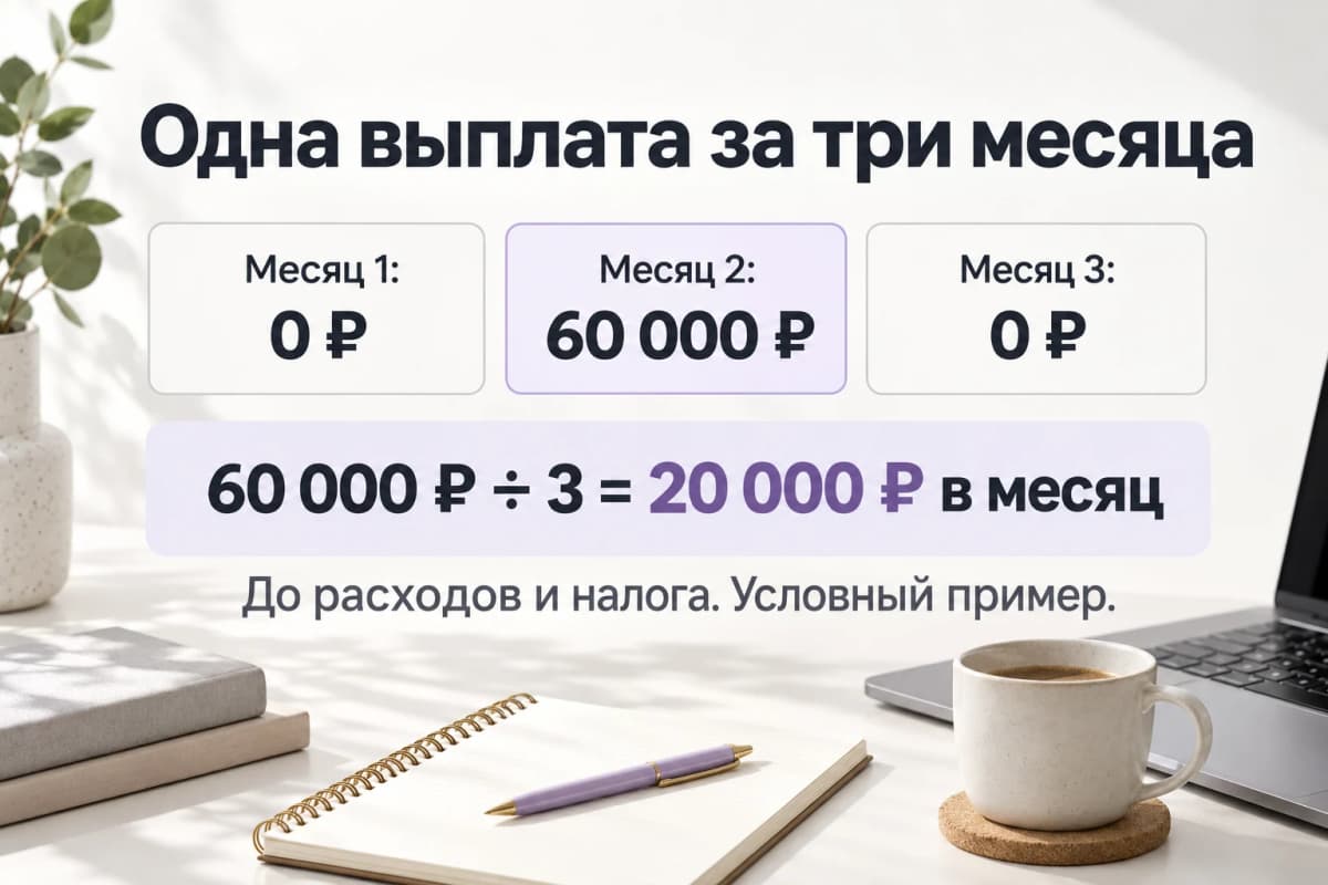 Учебный пример: одна выплата 60000 рублей за три месяца, среднее поступление 20000 до расходов и налога