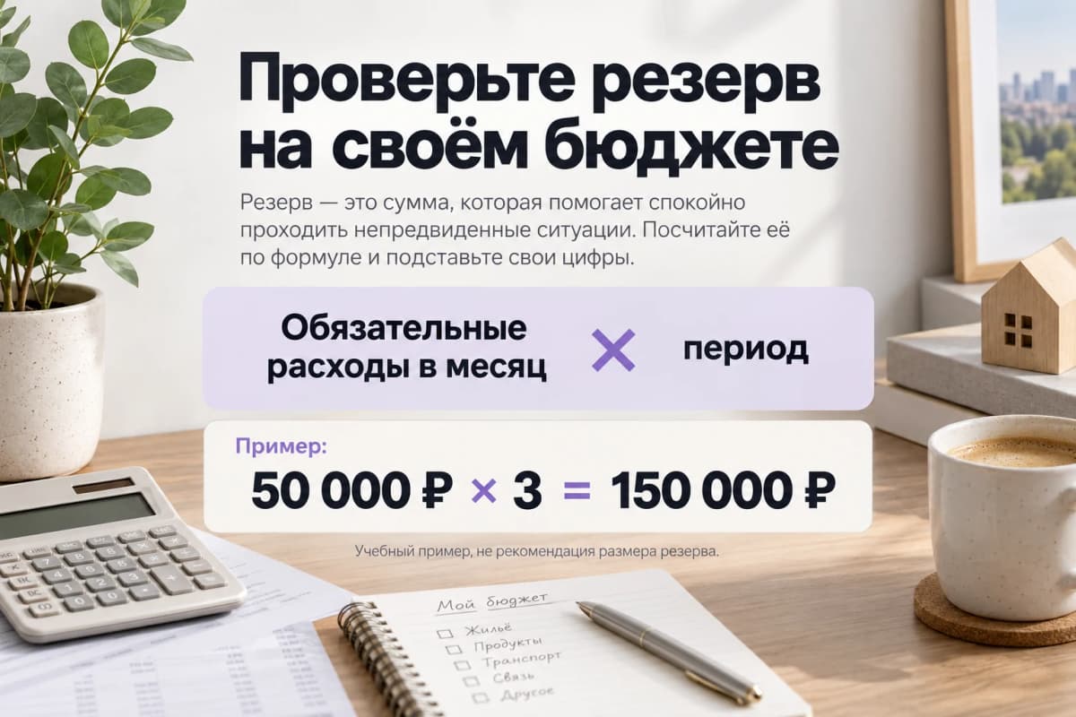 Учебный пример резерва:50000 рублей обязательных расходов в месяц умножают на три