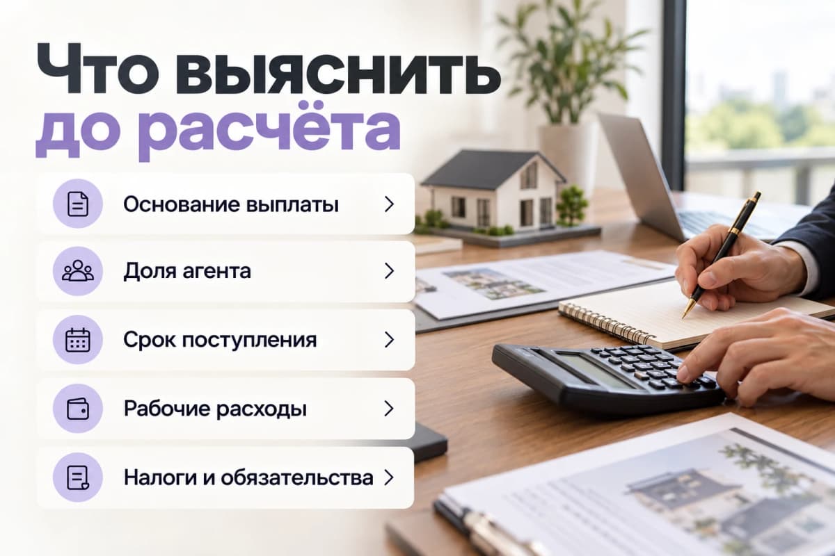Исходные данные: основание выплаты, доля агента, срок, расходы и обязательства