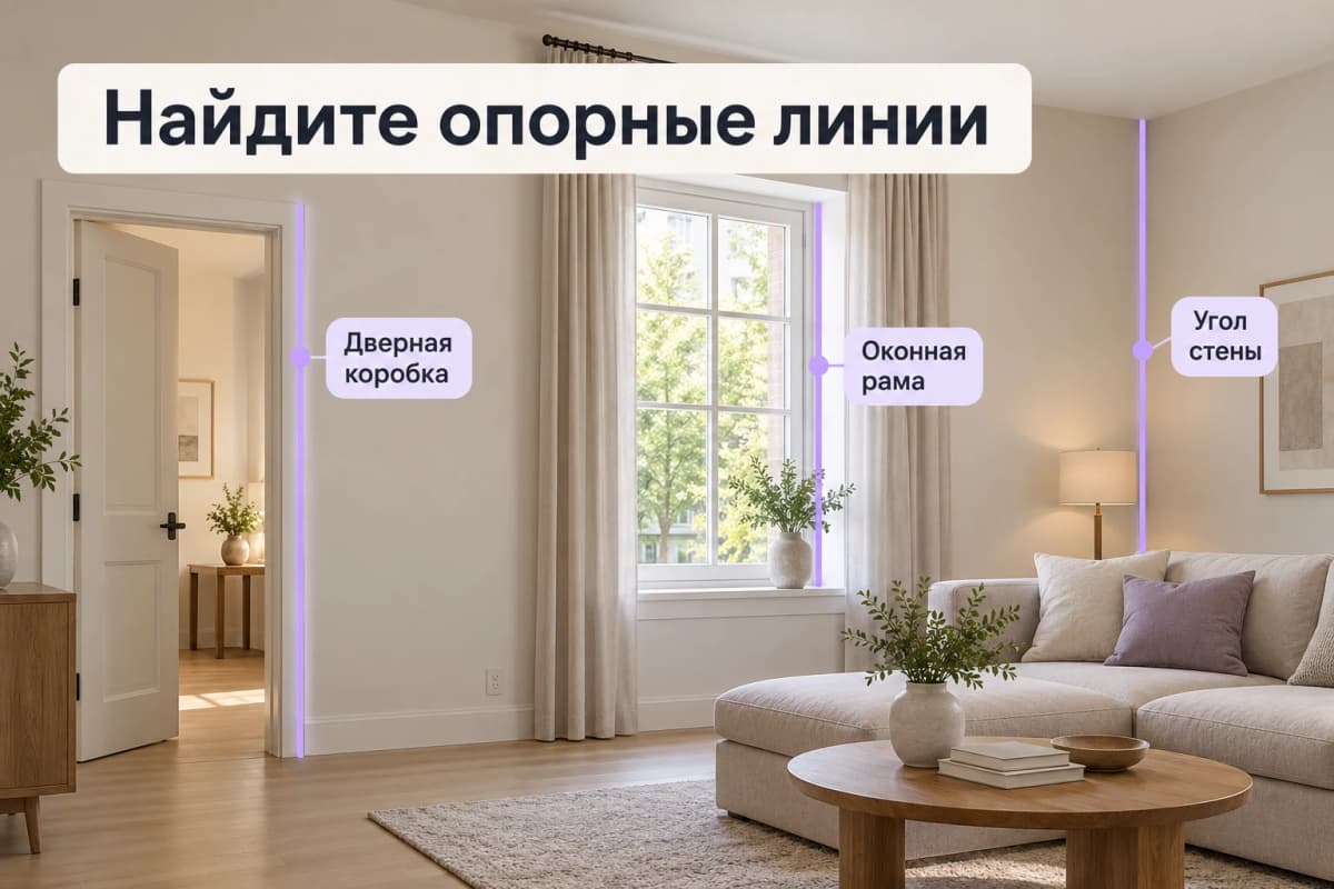 Вертикальные ориентиры:дверная коробка,оконная рама,угол стены