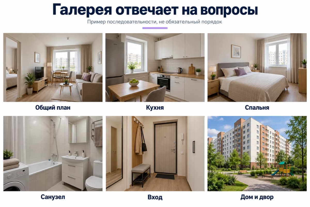 Пример галереи квартиры: общий план, кухня, спальня, санузел, вход, дом и двор