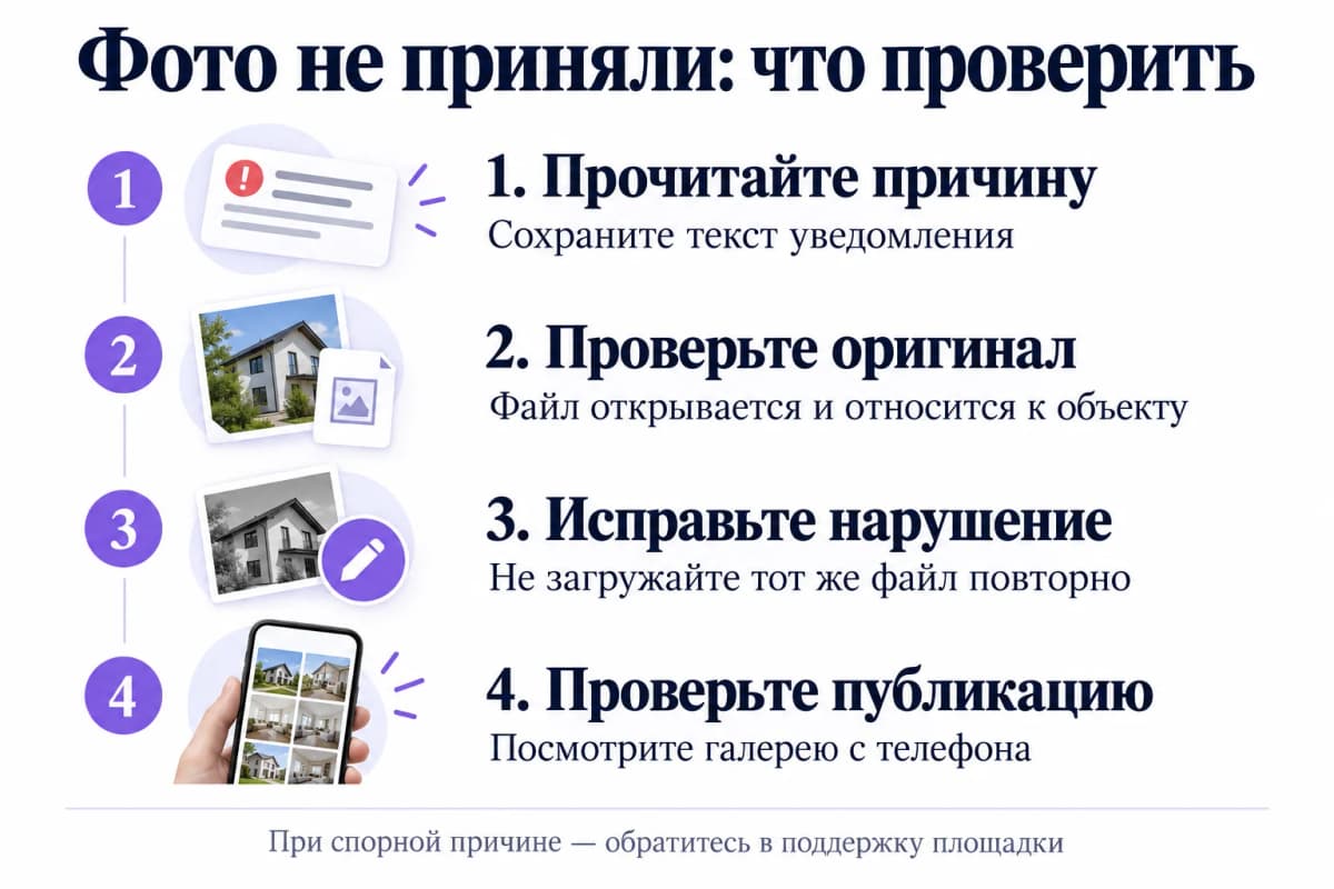 Четыре шага при отклонении фото: прочитать причину, проверить оригинал, исправить нарушение и проверить публикацию