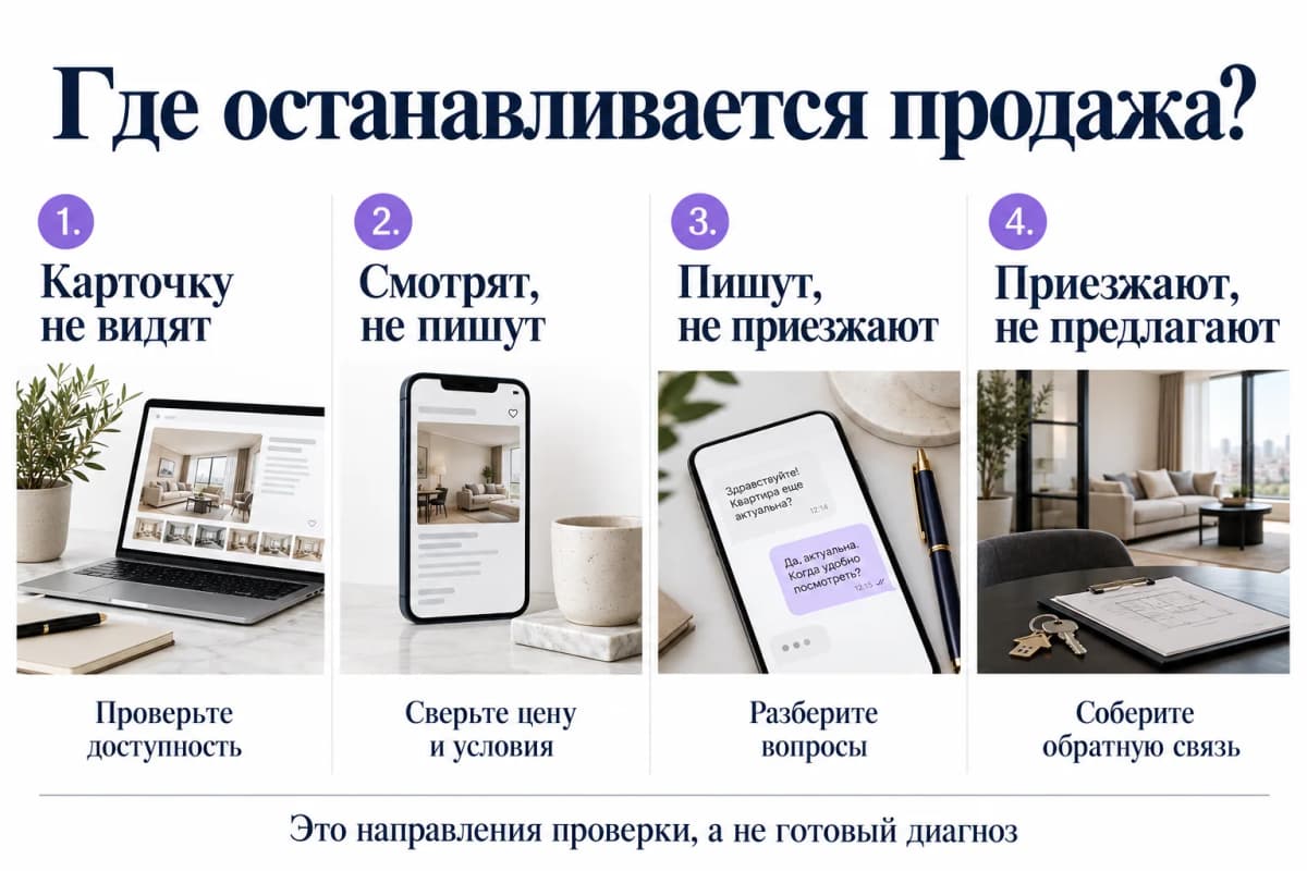 Четыре этапа диагностики продажи квартиры от доступности карточки до обратной связи после показа