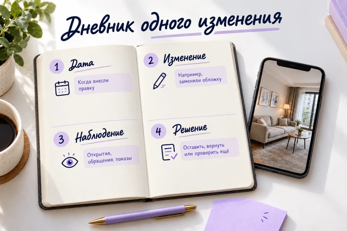 Дневник изменения объявления: дата, что изменили, наблюдение и решение