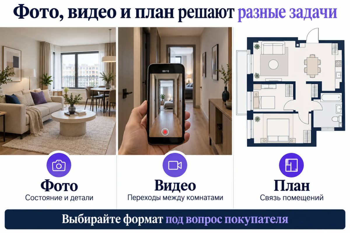 Задачи фото, видео и плана: детали, переходы между комнатами и связь помещений