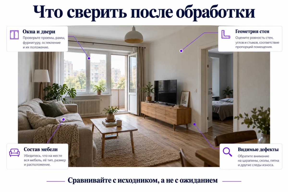 Проверка окон, дверей, геометрии стен, состава мебели и дефектов после обработки фотографии