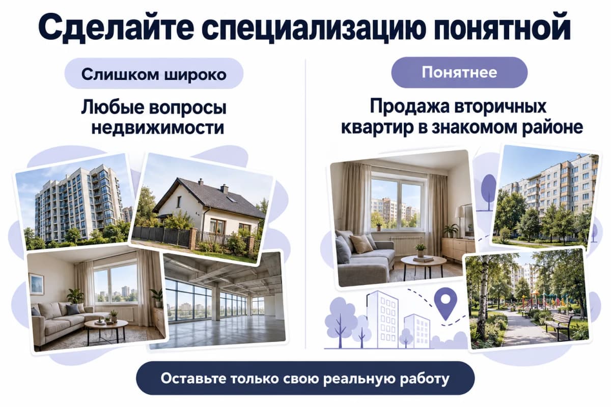 Сравнение широкого обещания и конкретной специализации риелтора