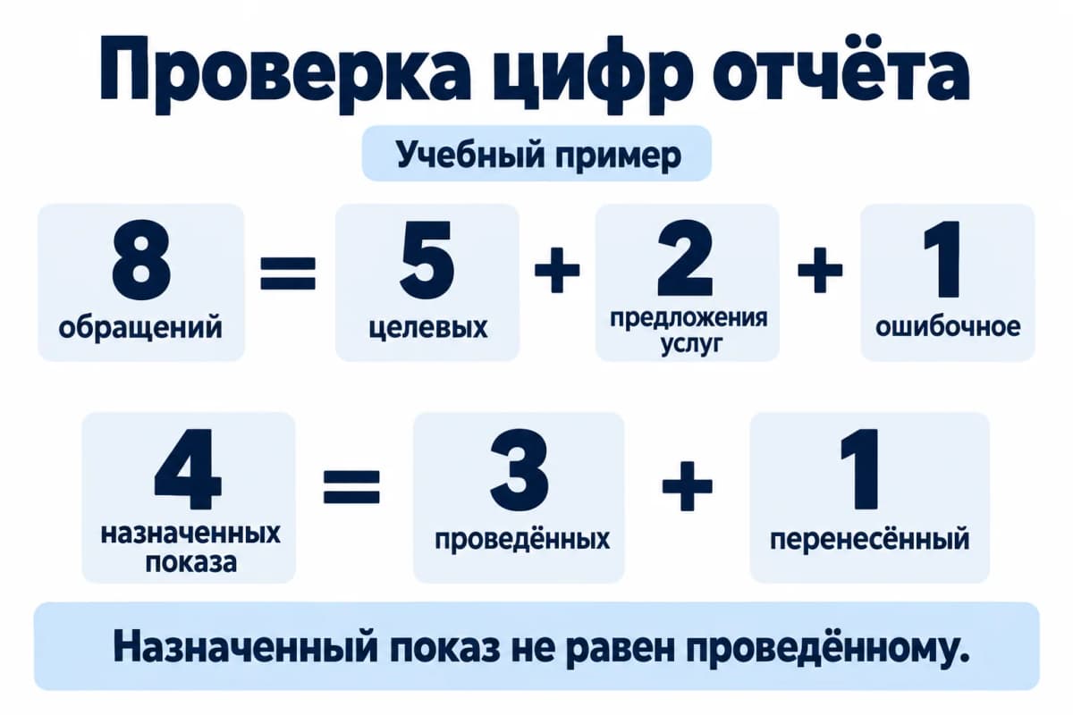Проверка учебного отчёта: 8 обращений по типам и 4 назначенных показа по фактическому результату