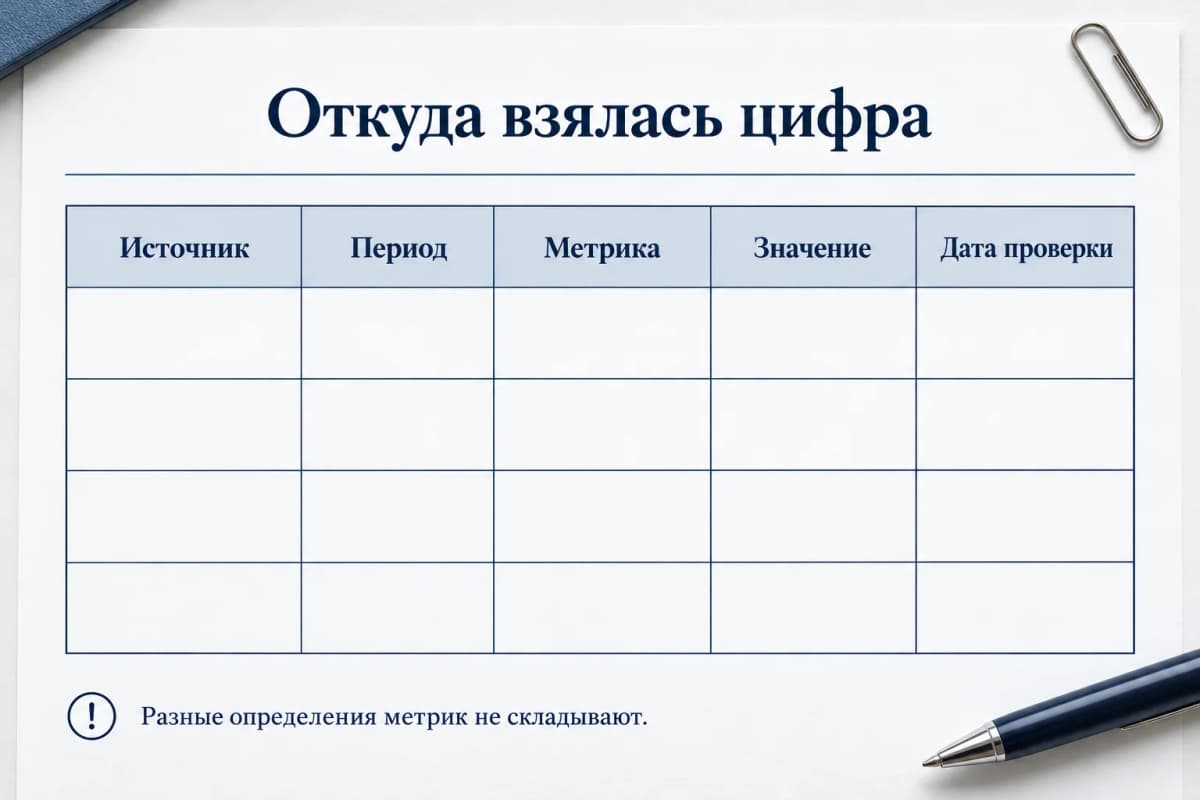 Пустая таблица происхождения цифр: источник, период, метрика, значение и дата проверки