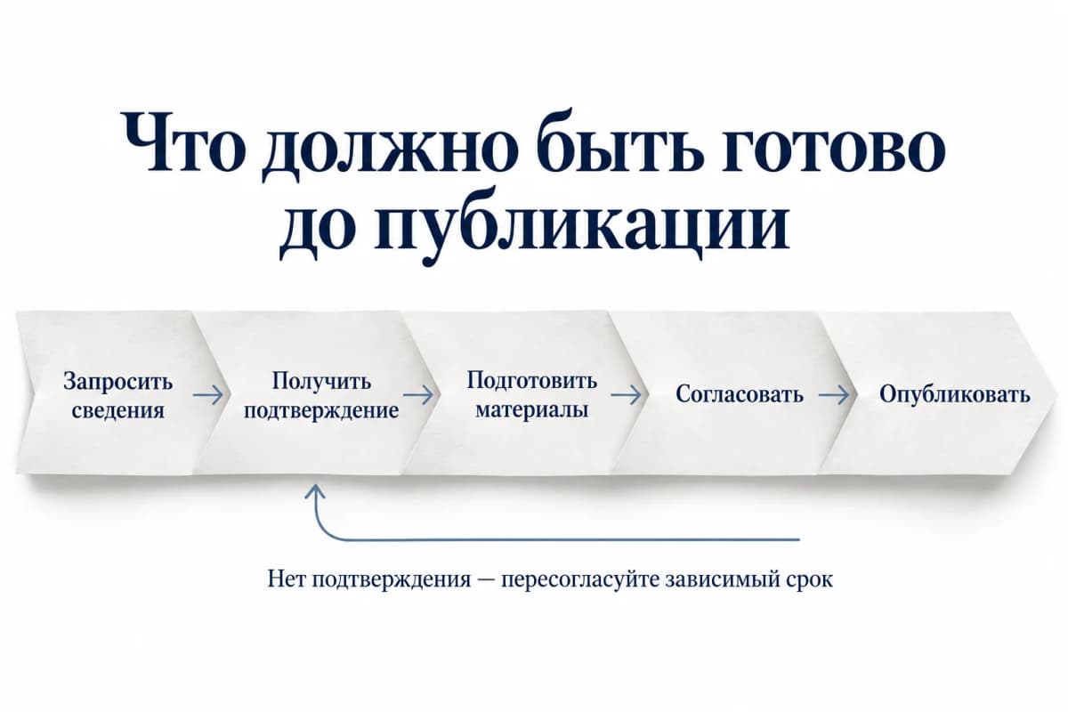 Зависимые этапы публикации: запрос, подтверждение, материалы, согласование и размещение
