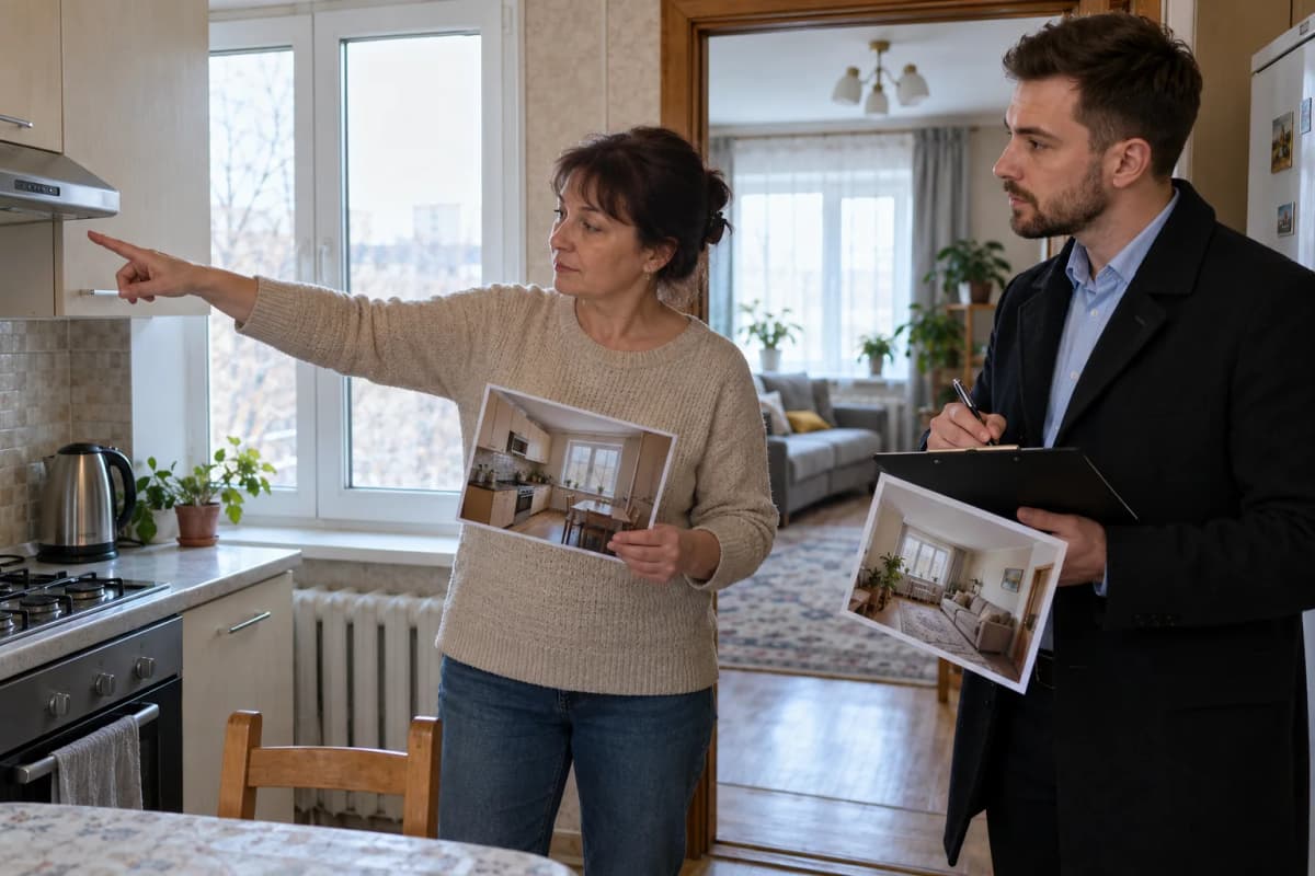 Владелец и агент сверяют фотографии с кухней и фактической комплектацией