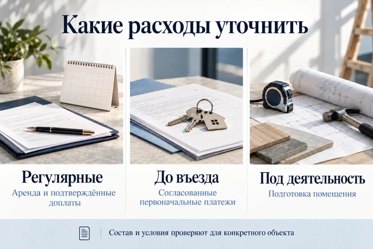 Три группы затрат: регулярные, до въезда и подготовка под деятельность