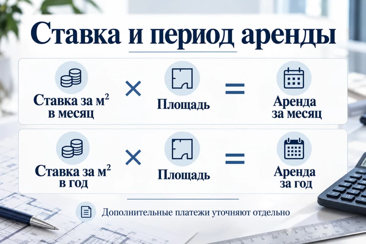 Ставка за квадратный метр и площадь дают аренду за тот же указанный период
