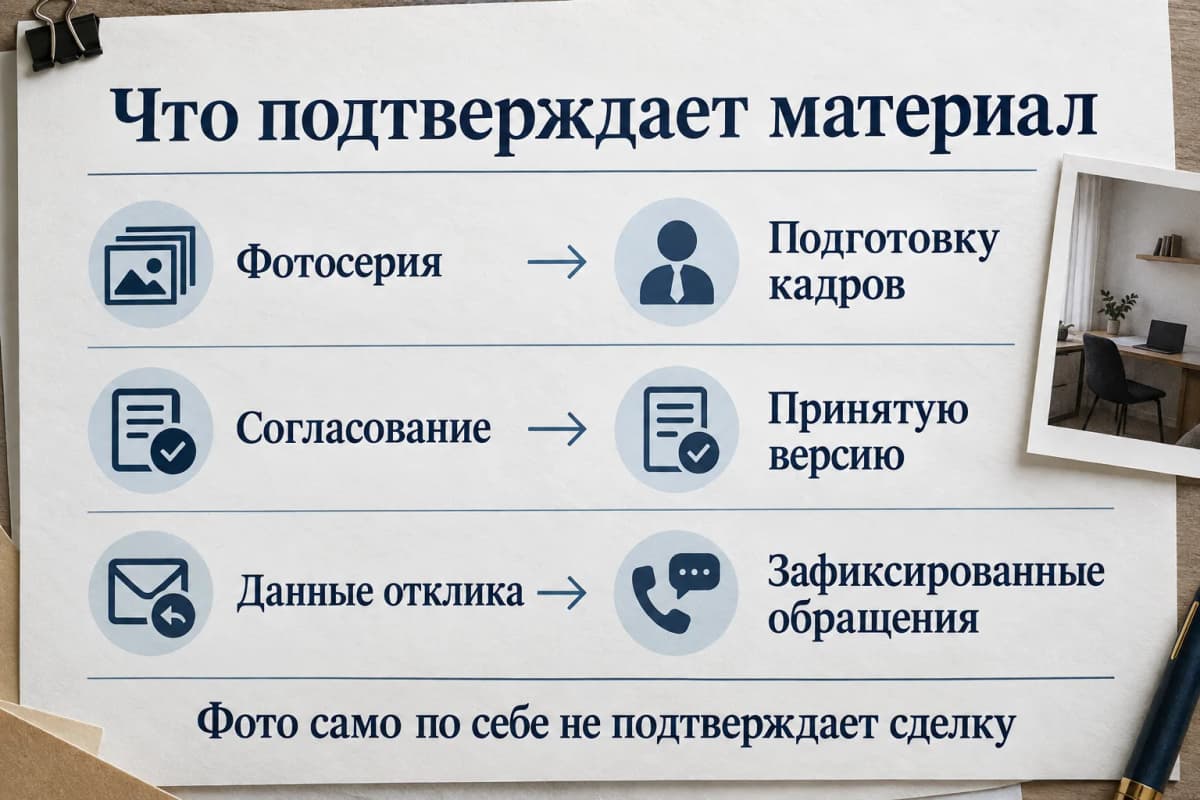 Материалы подтверждают разные результаты: подготовку фото, согласование и обращения