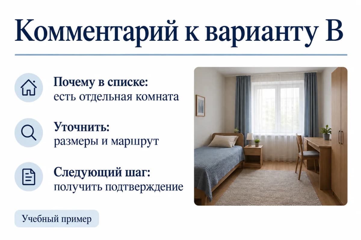 Комментарий к учебному варианту В: отдельная комната, размеры и маршрут требуют уточнения