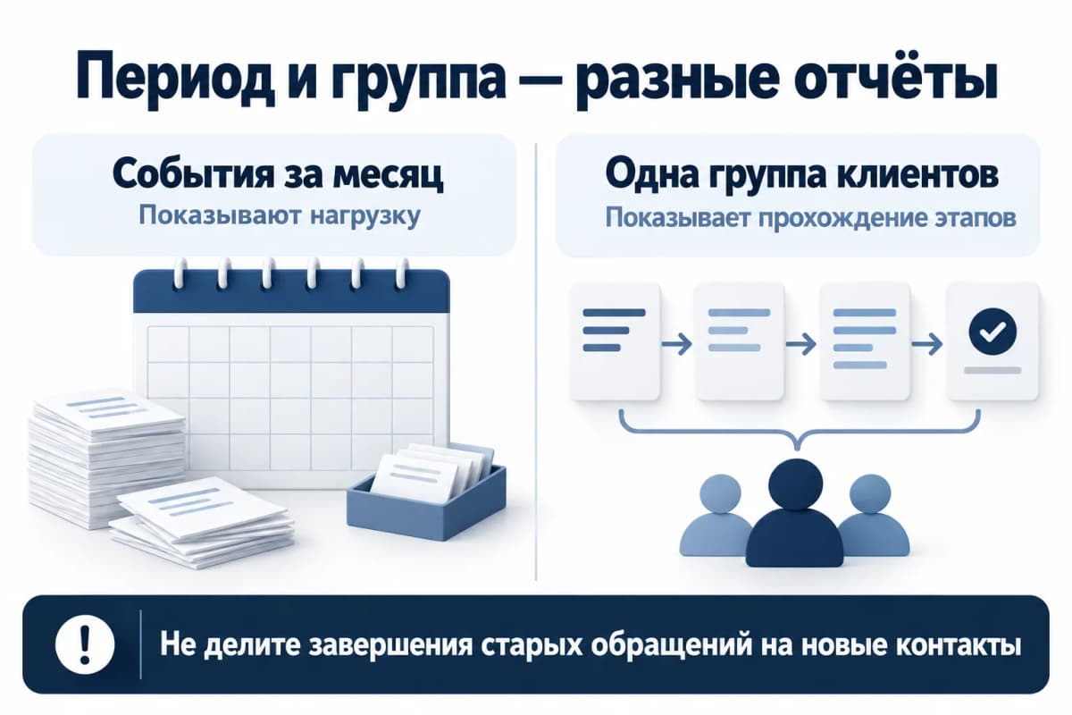 Различие отчёта о событиях за месяц и прохождении одной группы клиентов