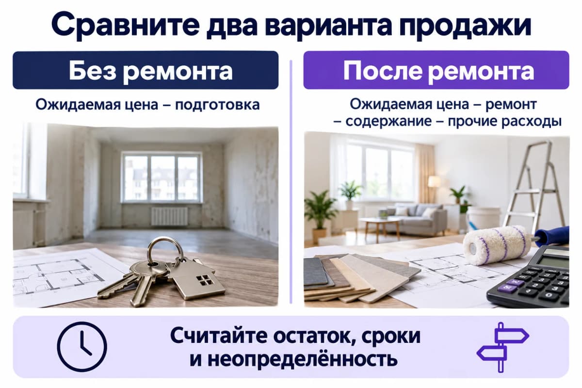 Сравнение вариантов продажи без ремонта и после ремонта с учётом затрат и срока