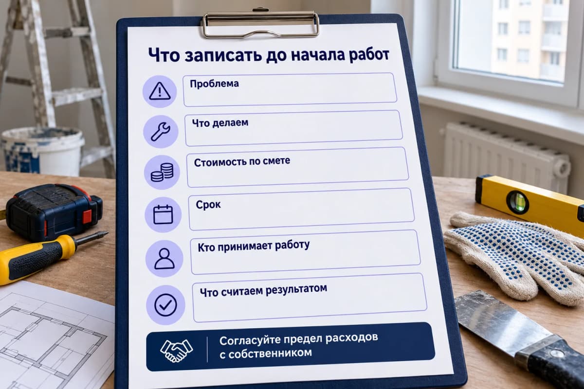 Поля для согласования работ: проблема, действие, стоимость, срок, ответственный за приёмку и критерий результата