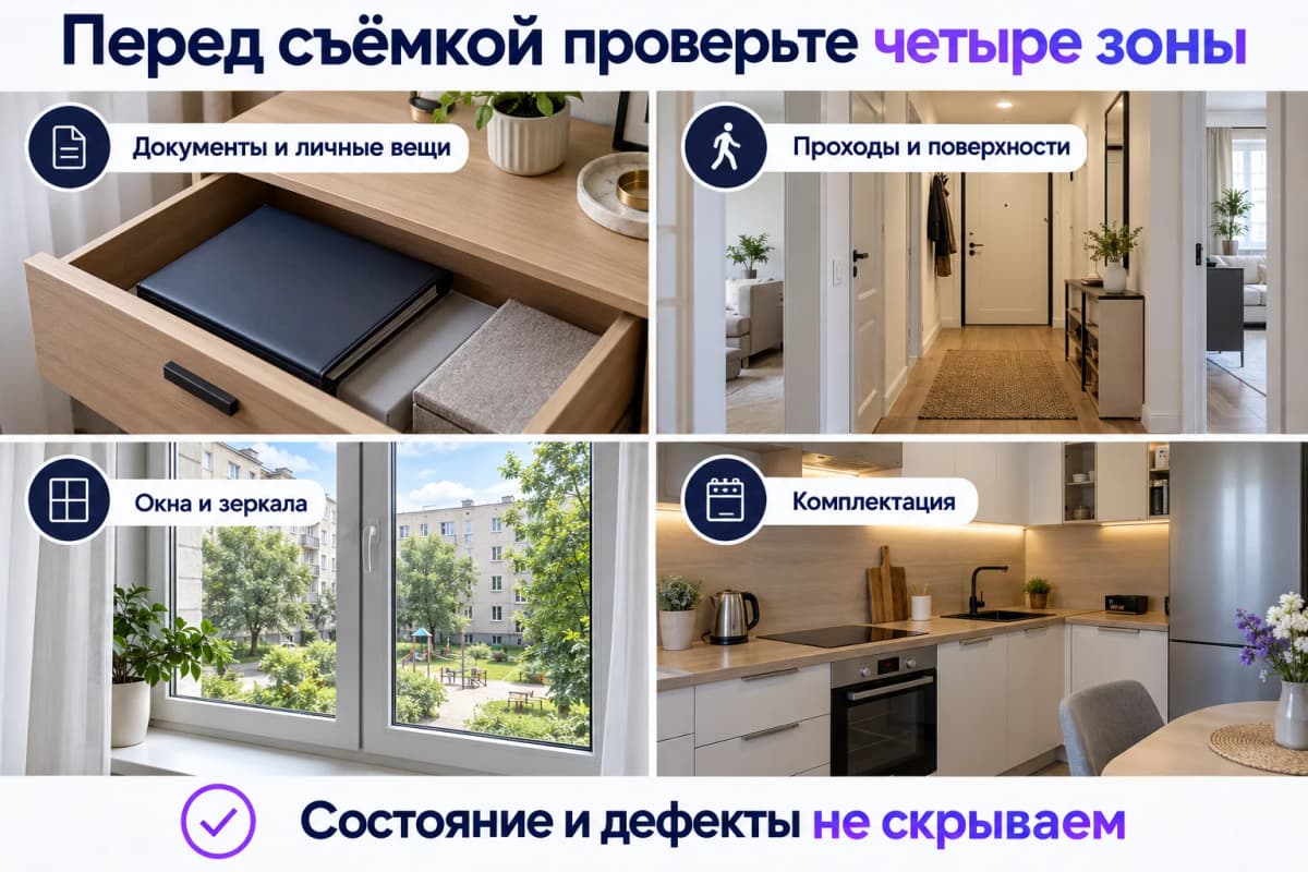 Четыре зоны проверки перед съёмкой: личные вещи, проходы, окна и комплектация