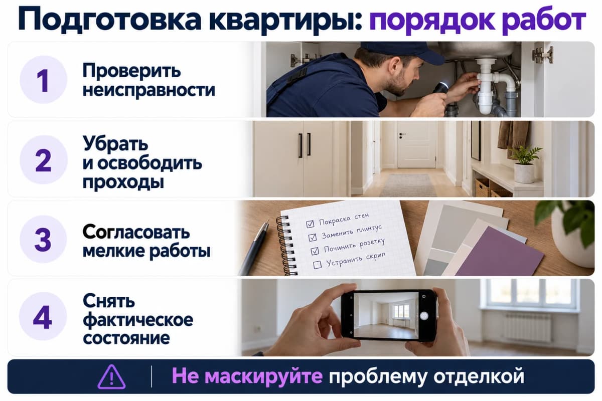 Порядок подготовки квартиры: проверить неисправности, освободить проходы, согласовать работы и снять фактическое состояние