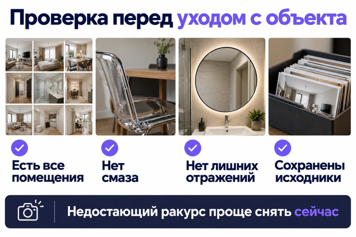 Чек-лист после съёмки: все помещения, резкость, отражения и исходные файлы