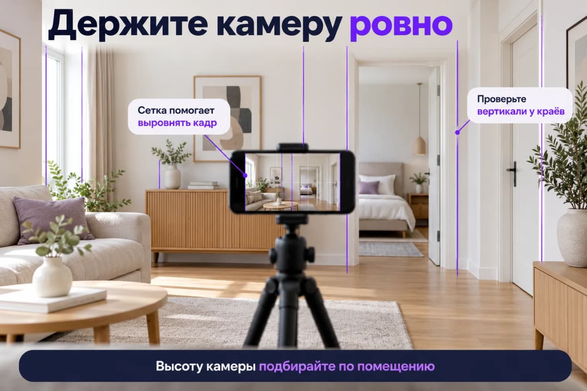 Ровное положение телефона и проверка вертикальных линий по сетке