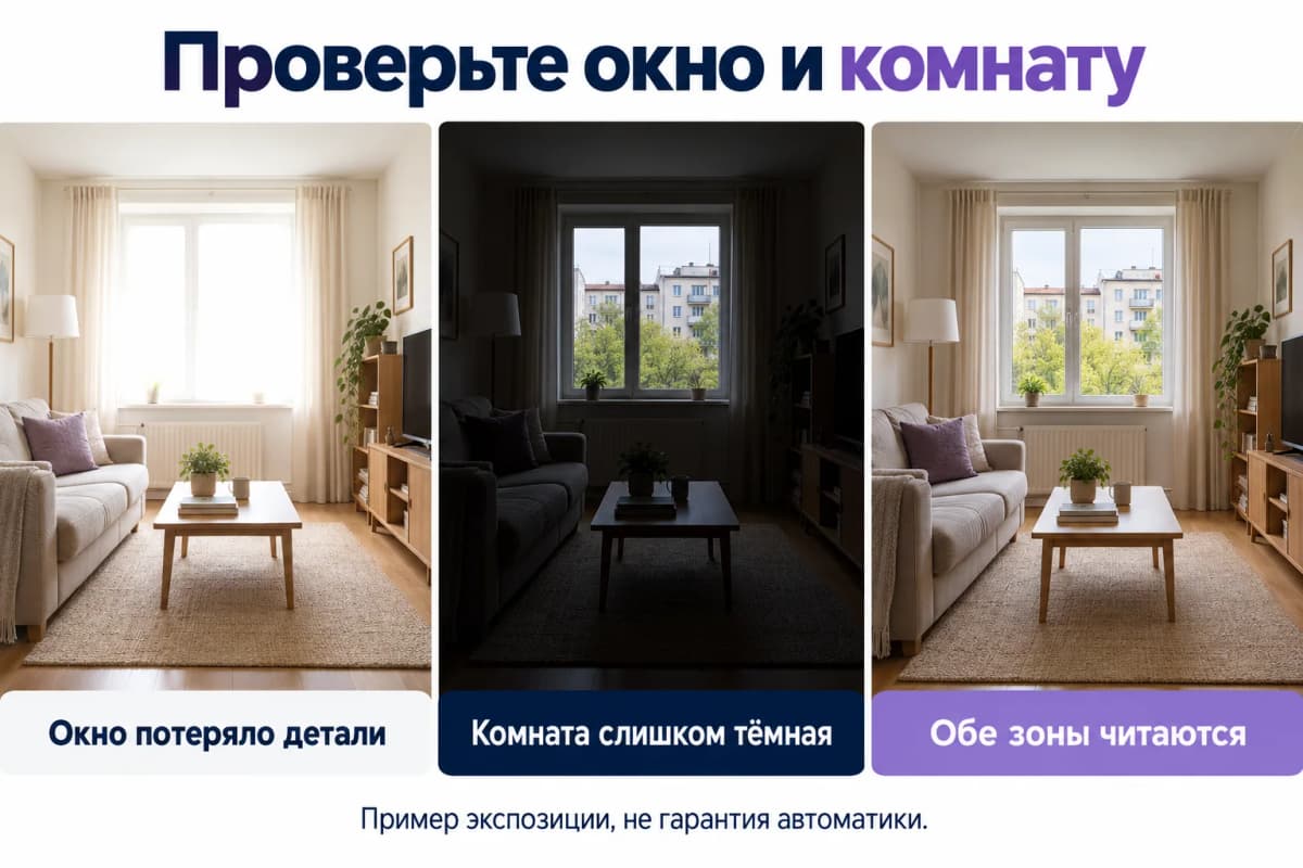 Сравнение пересвеченного окна, слишком тёмной комнаты и сбалансированного учебного кадра