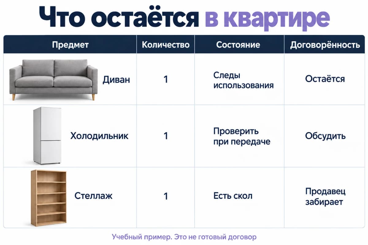Пример списка остающейся мебели с количеством, состоянием и договорённостью сторон