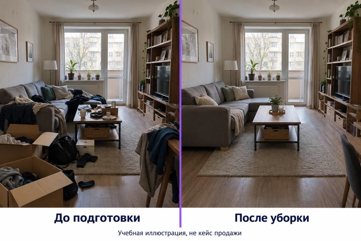 Одна комната до подготовки и после уборки с сохранением мебели и отделки
