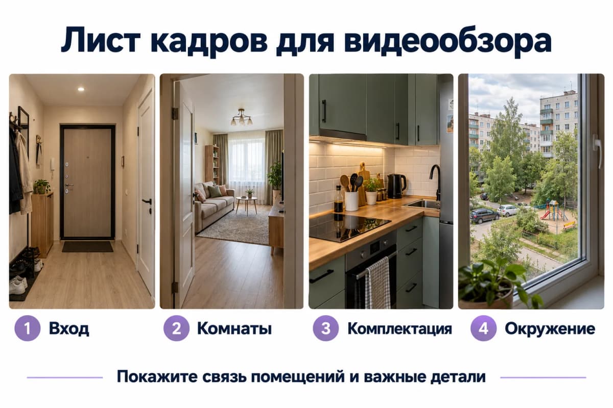 Лист кадров для видео квартиры: вход, комнаты, комплектация и окружение
