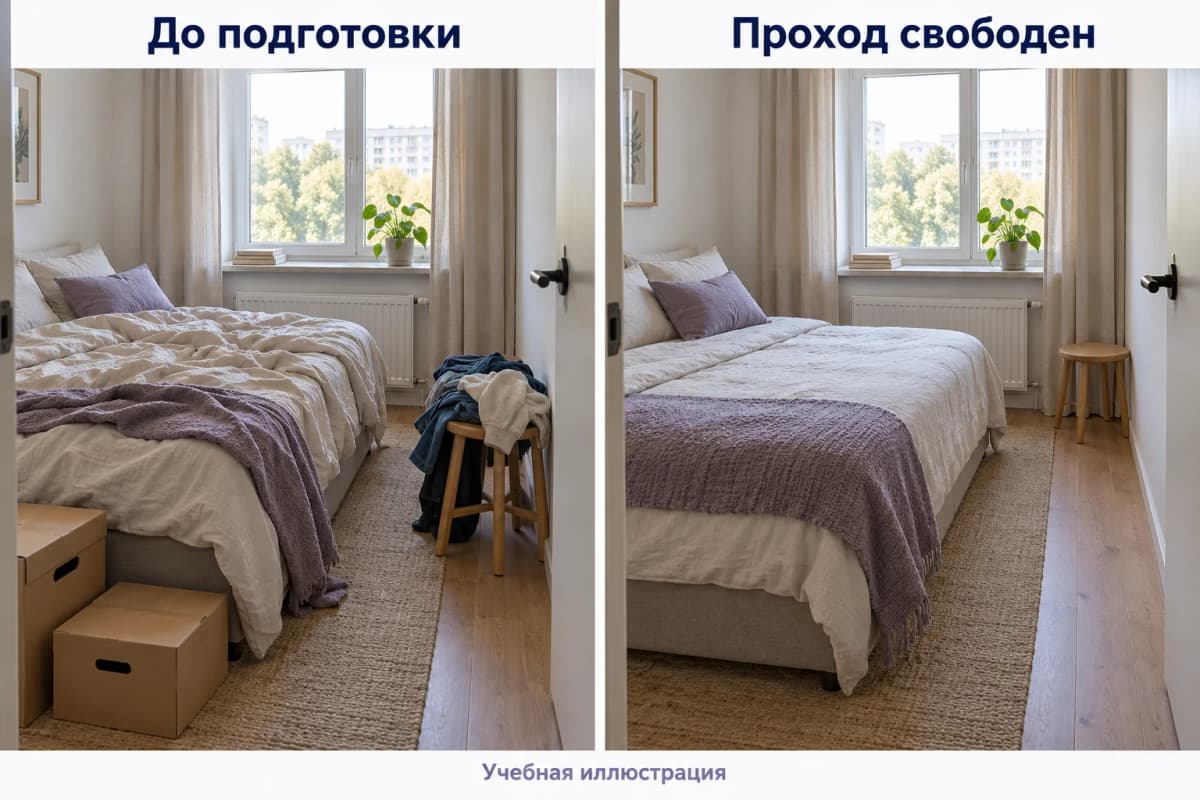 Спальня с вещами в проходе и та же комната после подготовки