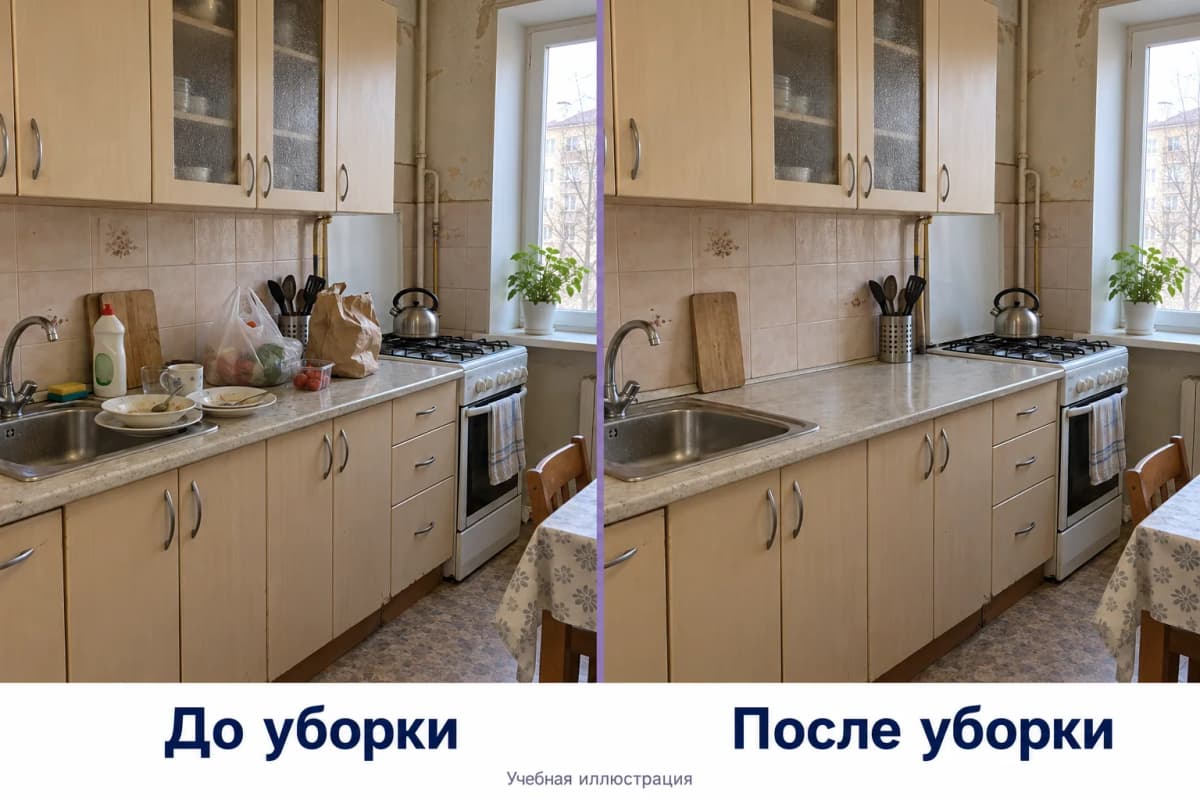 Одна кухня до и после уборки временных вещей с сохранением мебели и отделки