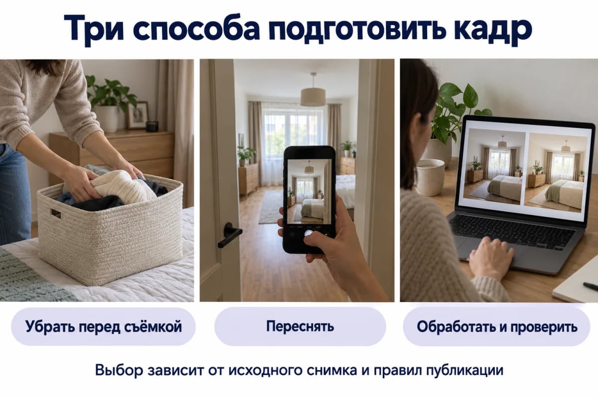 Три варианта подготовки кадра: убрать вещи перед съёмкой, переснять или обработать с проверкой