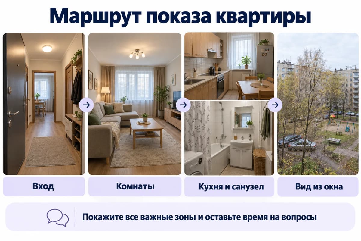 Маршрут осмотра: вход, комнаты, кухня, санузел и реальный вид из окна
