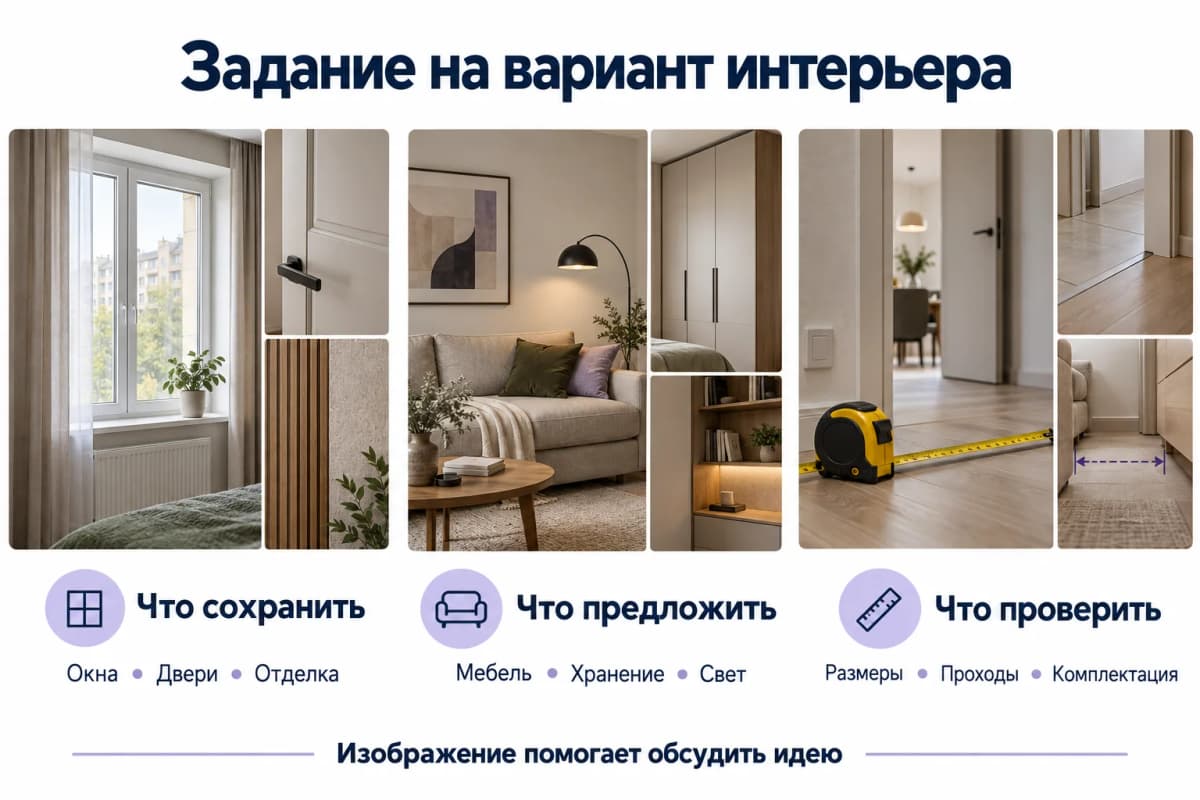 Задание на интерьер: сохраняемые элементы, желаемая обстановка и проверка размеров