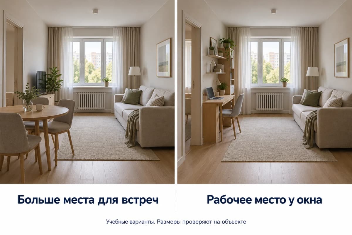 Два учебных варианта одной комнаты: стол для встреч или отдельное рабочее место