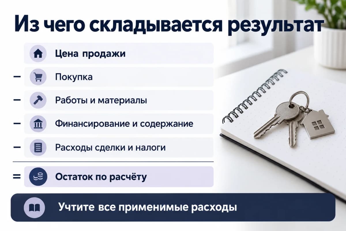 Состав расчёта перепродажи: цена продажи за вычетом покупки и всех применимых расходов