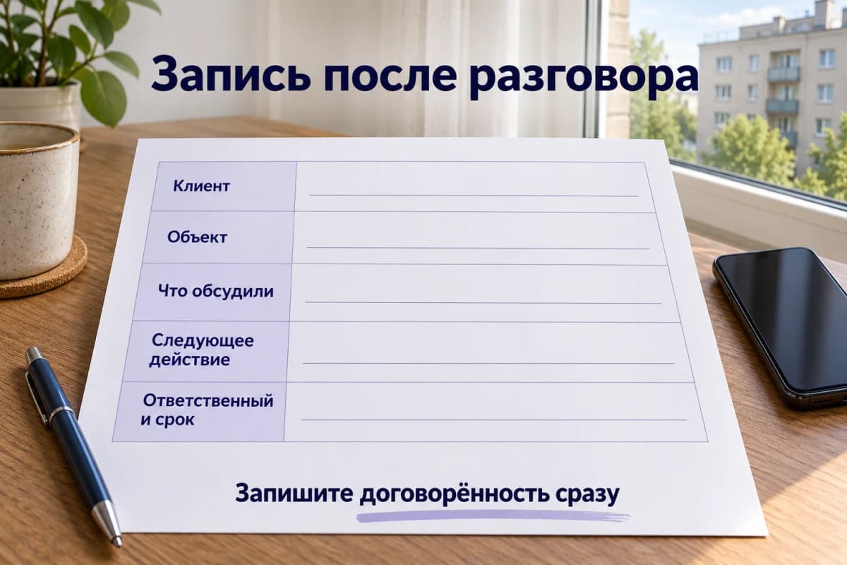 Поля записи после разговора: клиент, объект, обсуждение, следующее действие и ответственный