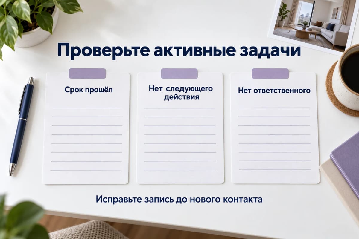 Проверка задач с прошедшим сроком, без следующего действия и без ответственного
