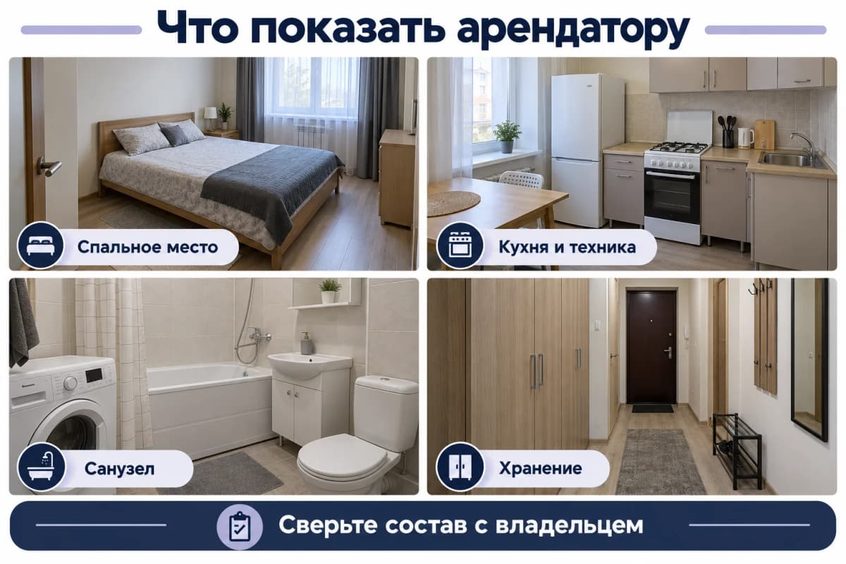 Фотографии спального места, кухни с техникой, санузла и хранения