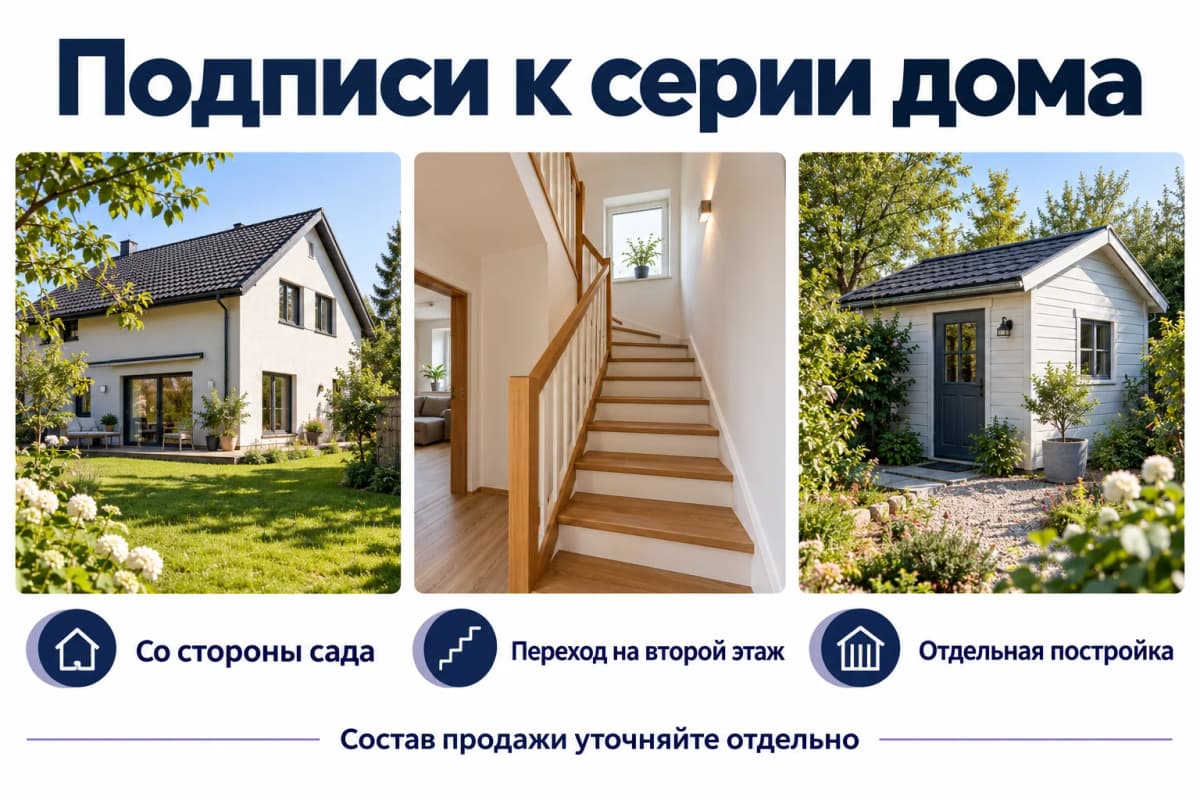 Примеры подписей к виду со стороны сада, переходу на второй этаж и отдельной постройке