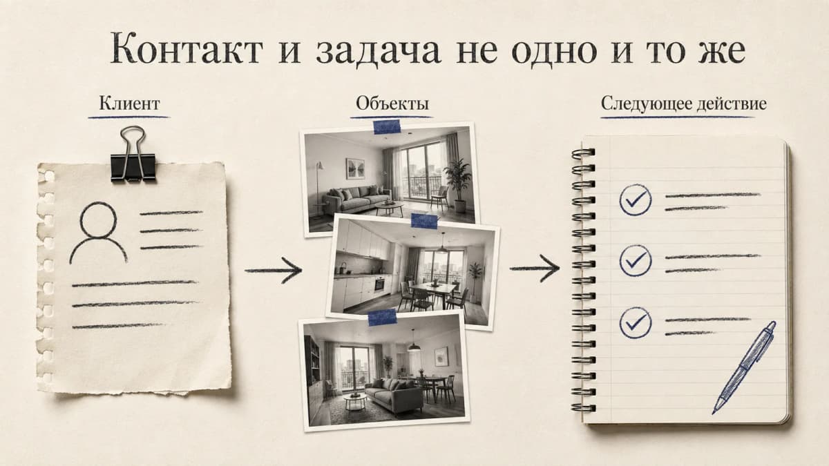 Учебная структура учёта: один клиент может иметь несколько объектов, но у каждой задачи должно быть следующее действие