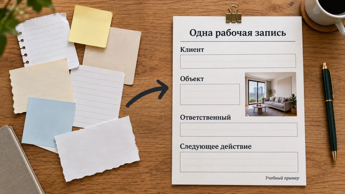 Учебная структура рабочей записи: клиент, связанный объект, ответственный и следующее действие