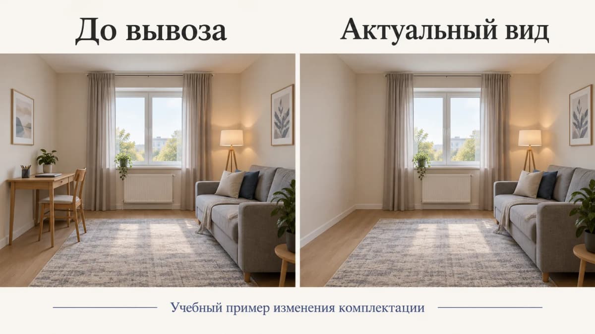 Учебный пример изменения комплектации: комната со столом и её актуальный вид после вывоза предмета