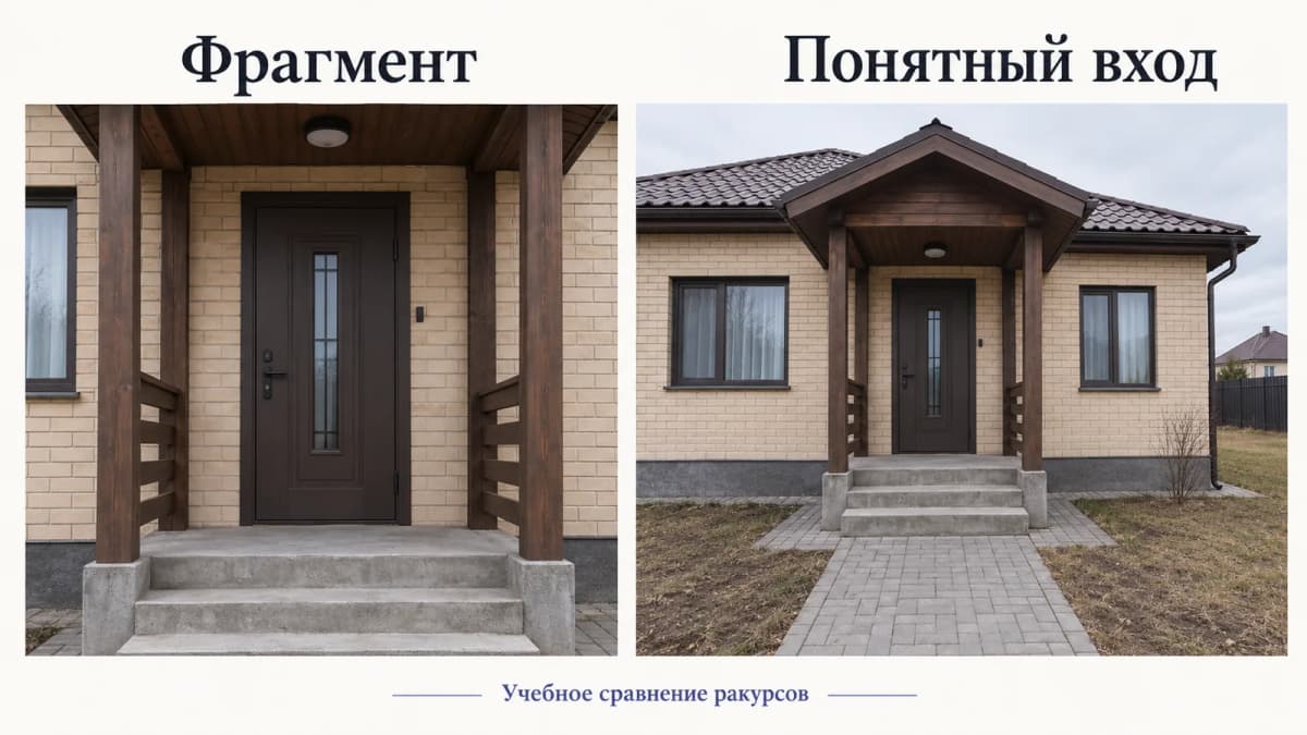Учебное сравнение ракурсов одного дома: обрезанный фрагмент крыльца и общий вид входа со ступенями