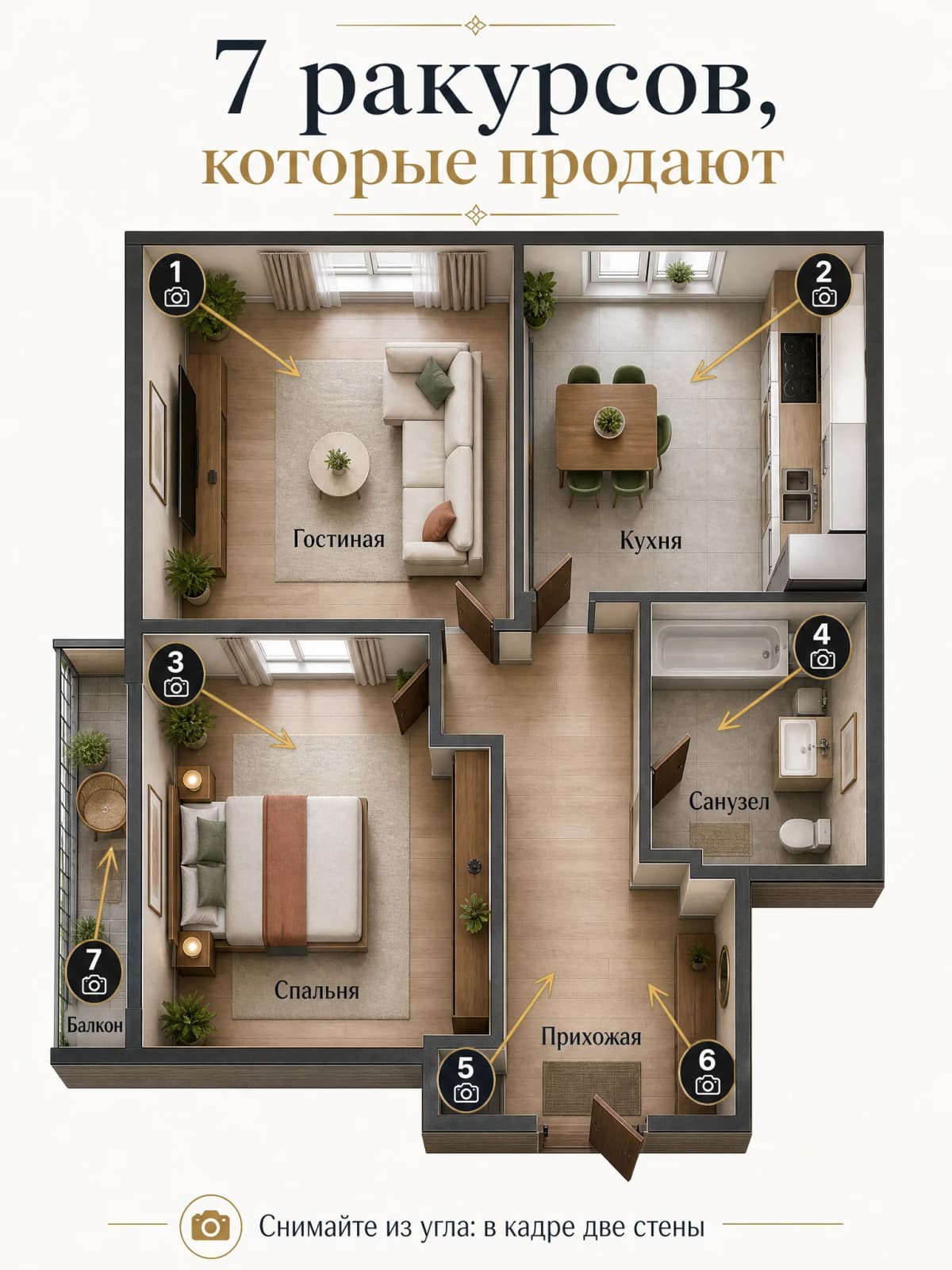 Инфографика: план квартиры и 7 ракурсов для съёмки объявления