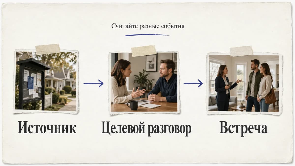 Учебная схема: источник обращения, целевой разговор и проведённая встреча учитываются отдельно